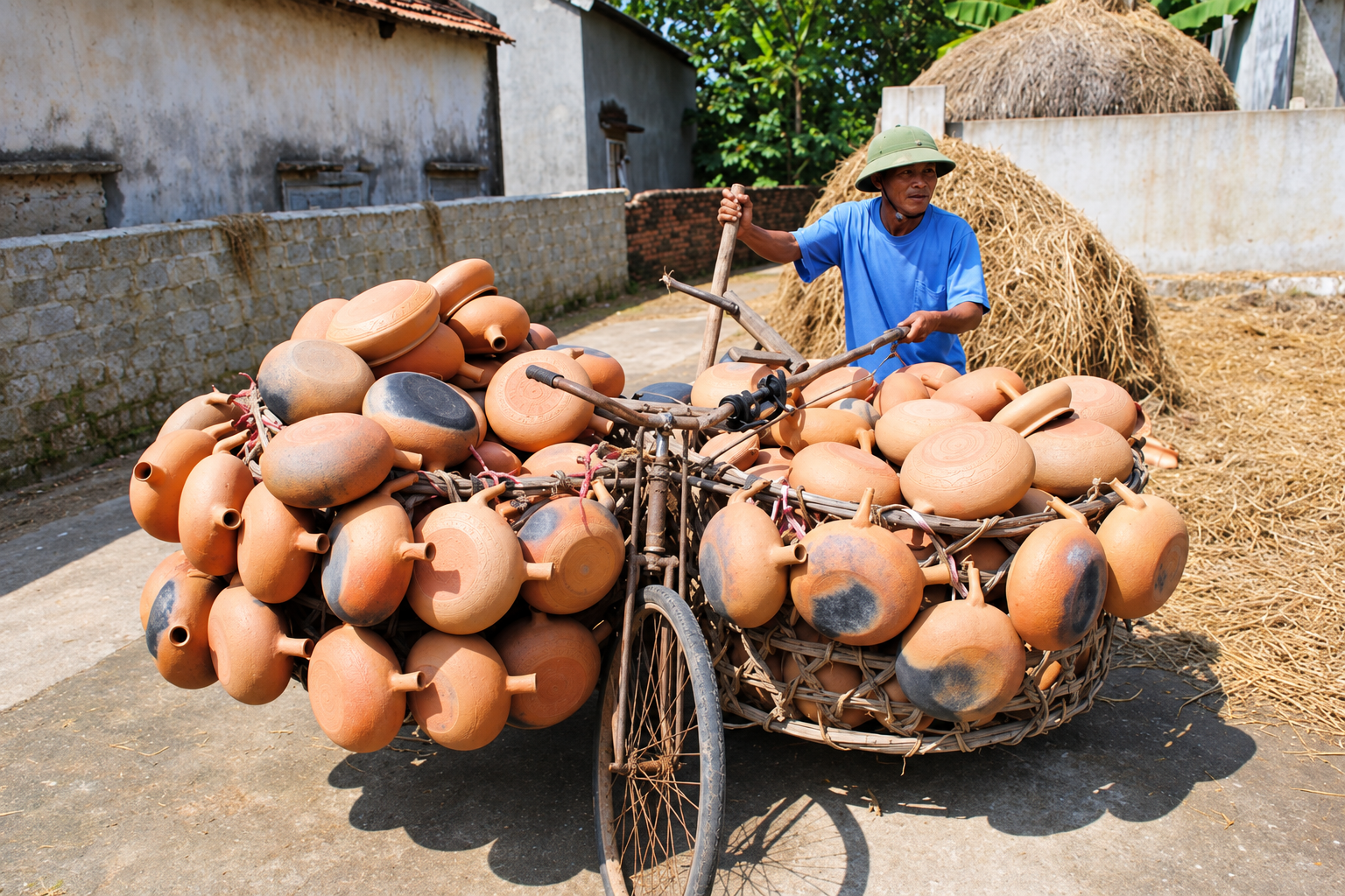 A craftsman transporting large baskets of clay pots on a bicycle